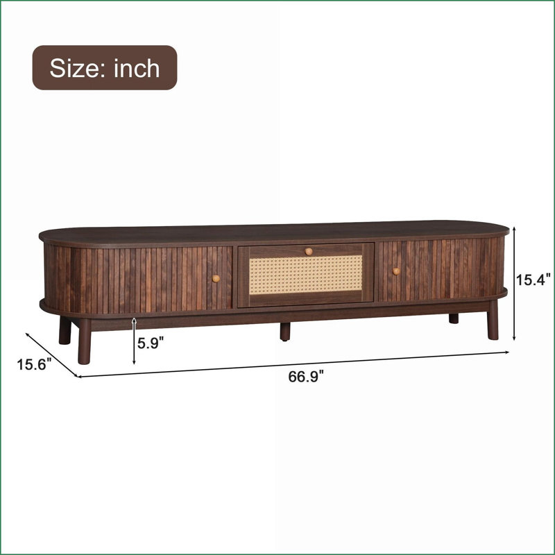 TV Stand, Modern Media Console with Rattan Drawer &amp; Sliding Doors for 75” TVs | Dark Brown | Solid Wood+MDF