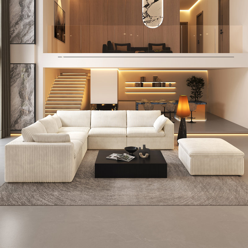 Canapé modulaire en coin 6 pièces en velours côtelé 6 pièces Boneless, Rembourrage en mousse blanche / velours côtelé