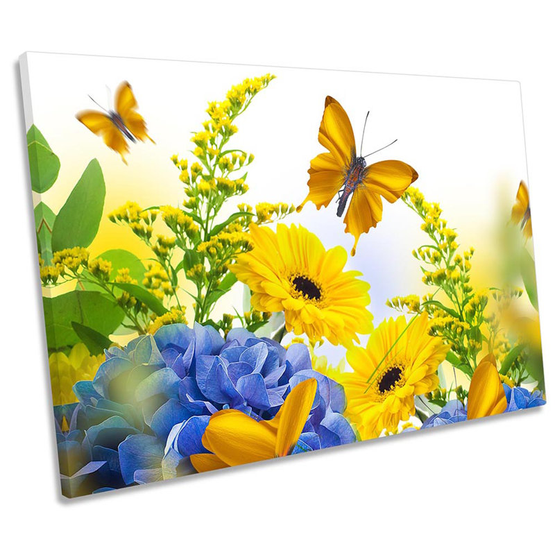 Yellow Butterfly Floral Flower - Wrapped Canvas Painting, 91.4cm H x 137.2cm W x 4cm D