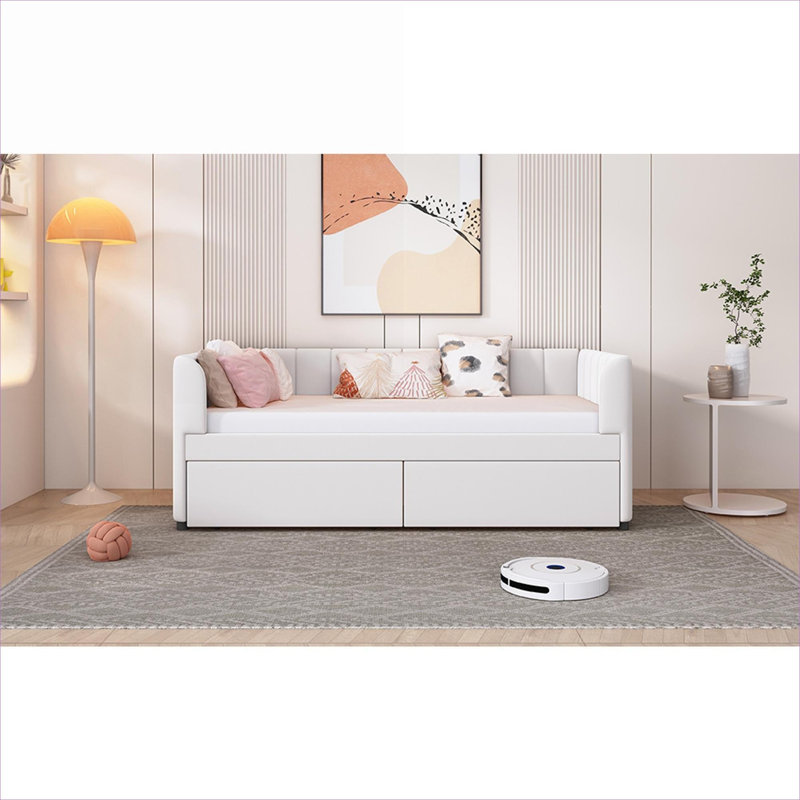 Lit de jour rembourré Classic Classic avec dossier ergonomique et deux tiroirs de rangement, velours beige, Beige