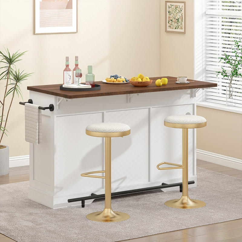 Kitchen Island with Storage Cabinet and Trash Cabinet, 55" Kitchen Dining Table with Drop Leaf and Charging Station, White