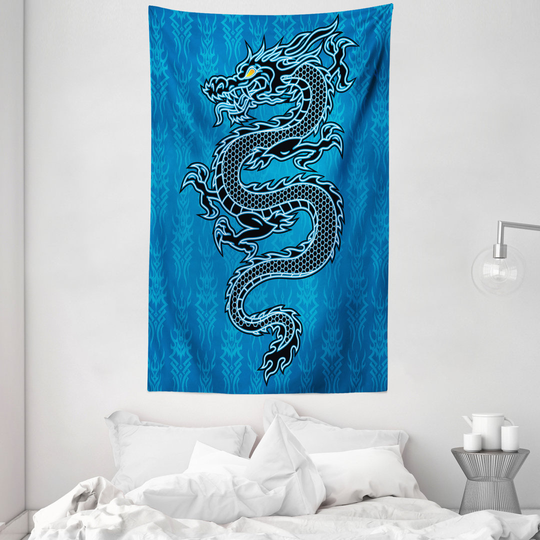 Wandteppich, Jahr des Drachen, Blau Schwarz Weiß