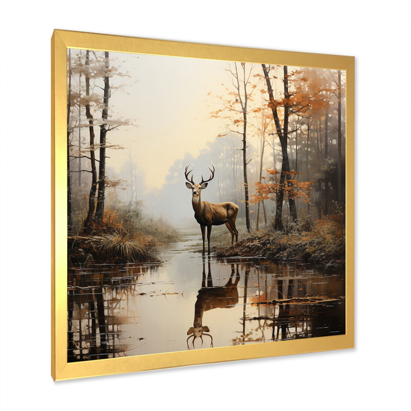 «Animal Deer Misty Morning II», impressions sur toile, H 24 po x l 24 po x P 1 po, Cadre doré simple