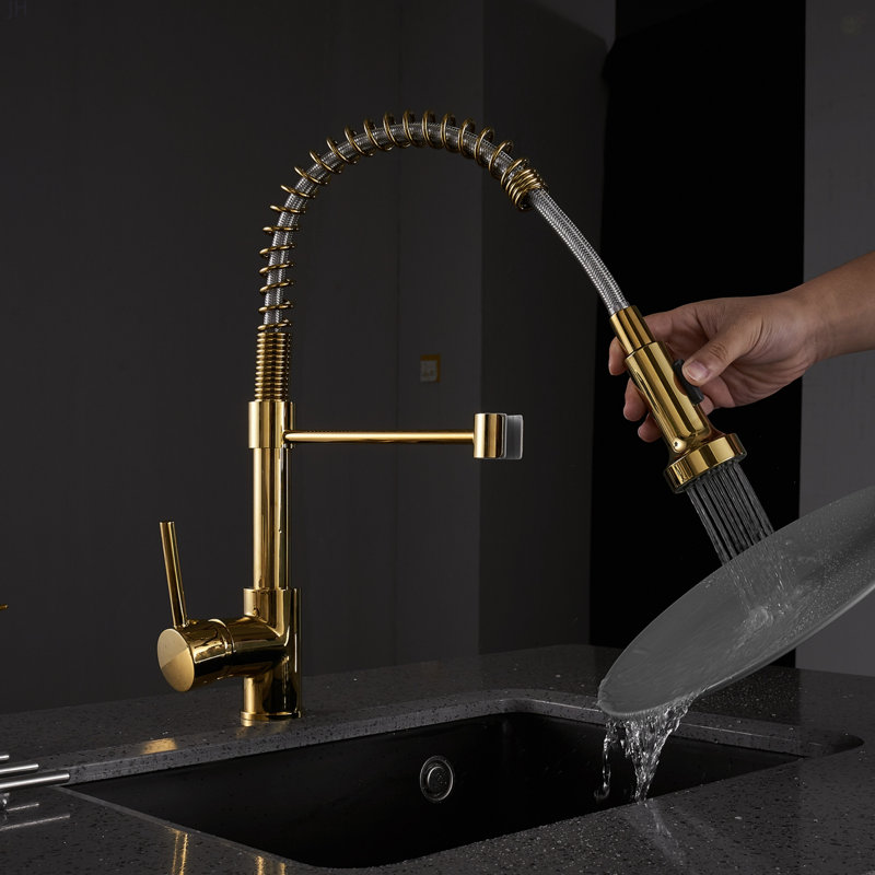Commercial Kitchen Faucet With Pull Down Sprayer, Single Handle Single Lever Kitchen Sink Faucet, Gold