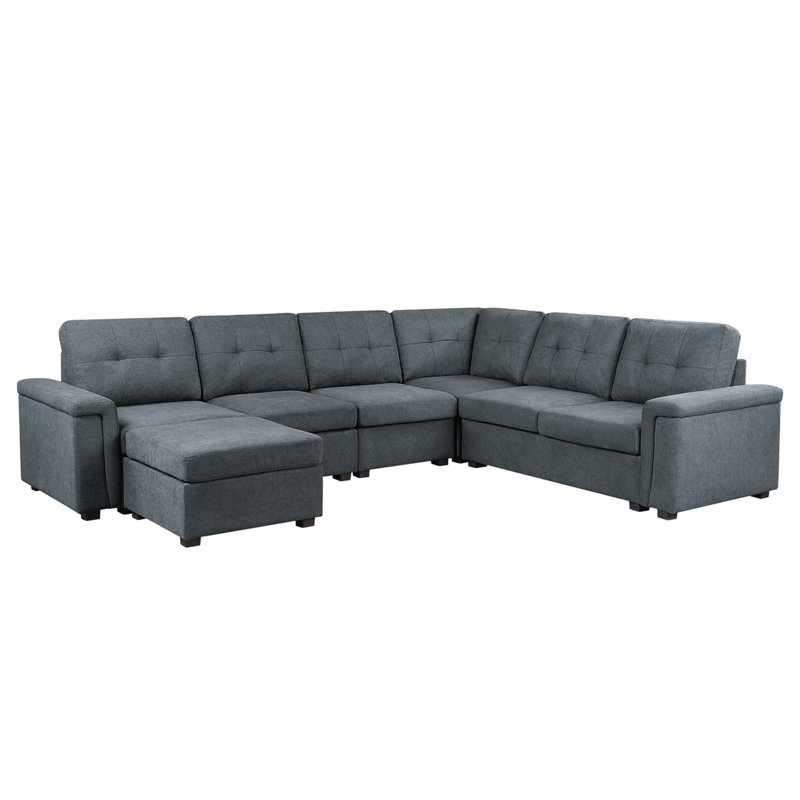 Isla 119" Gray Woven Fabric 7-Seater Sectional Sofa with Ottoman