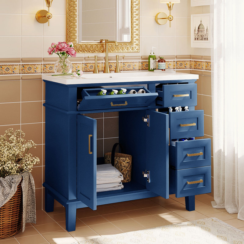 Meuble-lavabo moderne avec lavabo en résine, Bleu