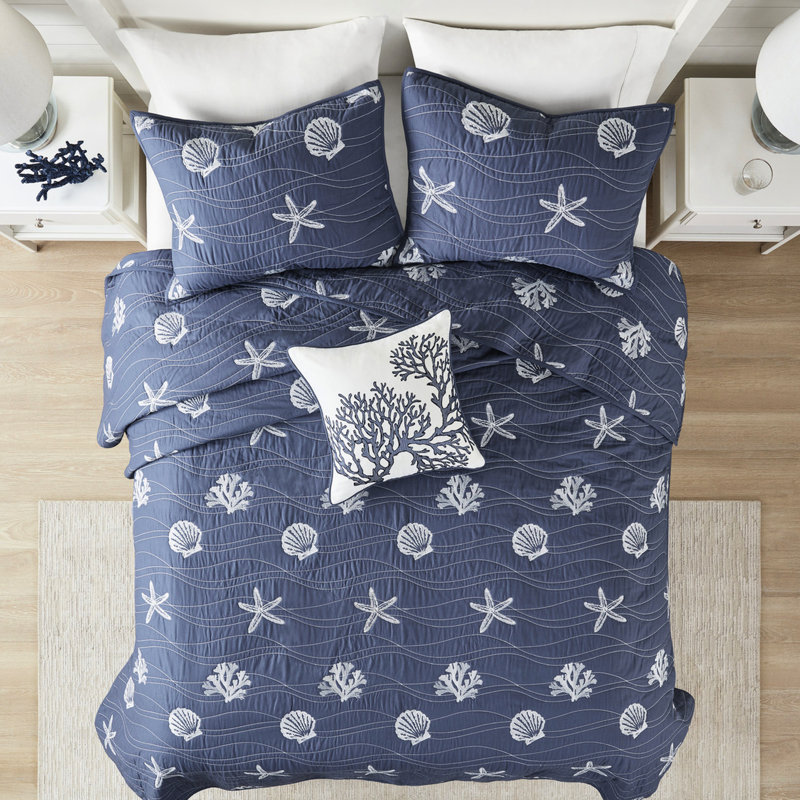 Literie réversible 4 pièces bleu marine - coton avec corail brodé, courtepointe rembourrée double / grand, rembourrage, facile à nettoyer