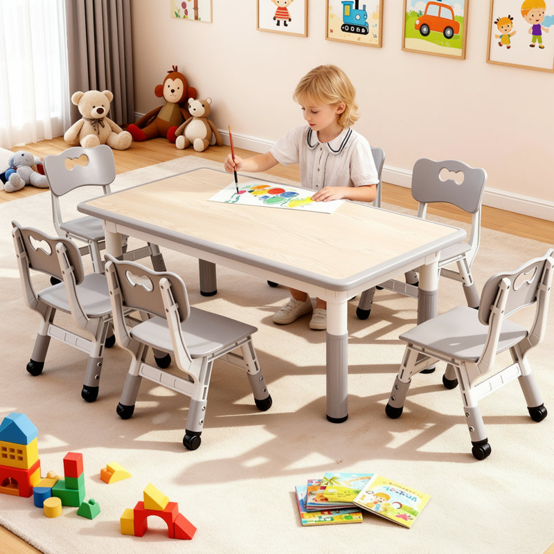 Ensemble de table pour enfants et 6 chaises, bureau de graffiti à hauteur réglable, table d'activités pour enfants d'âge préscolaire, pour les enfants de 3 à 12 ans (gris)