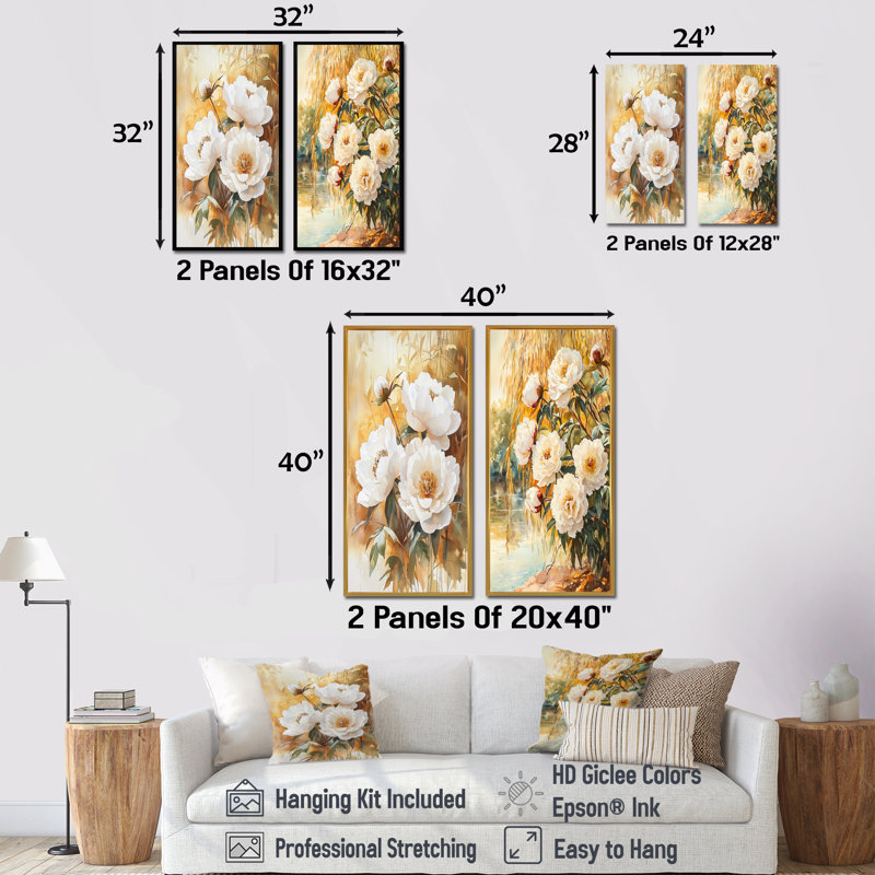 Pivoines par le saule d'automne III - art mural floral 2 pièces, Crème, H 32 po x l 33 po, Impression encadrée flottante