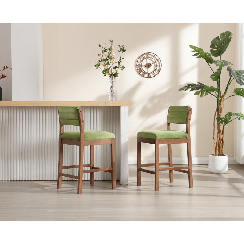 Tebbo Upholstered Counter Stool with Solid Wood Frame, Brown, Green