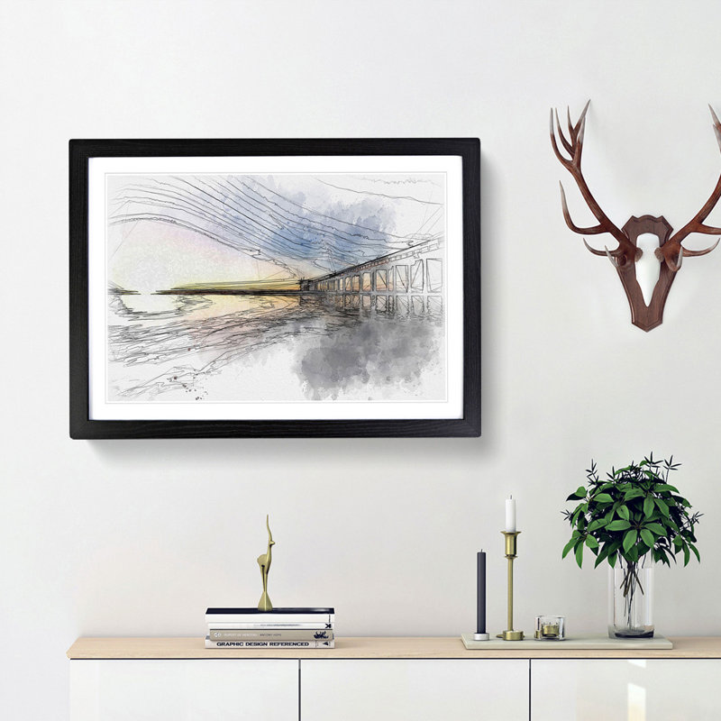 Pier in San Diego Sketch - Picture Frame Graphic Art Print, Black Framed, 62cm H x 87cm W x 2cm D