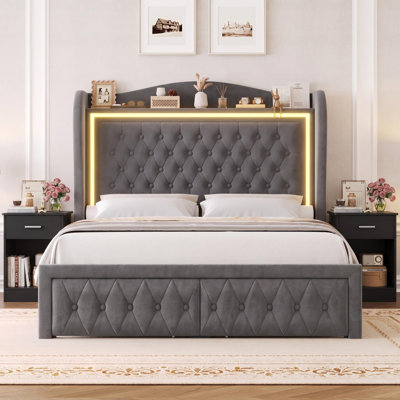 3-Piece Bedroom Set, Velvet Upholstered Platform Bed With LED Lighting&2 Underbed Storage Drawers, 2 Nightstands with Drawers