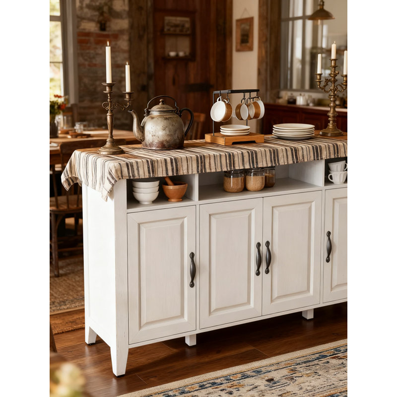 Buffet Farmhouse avec rangement, table de cuisine 55 pouces avec 4 portes, finition en bois rustique pour les meubles de salle à manger