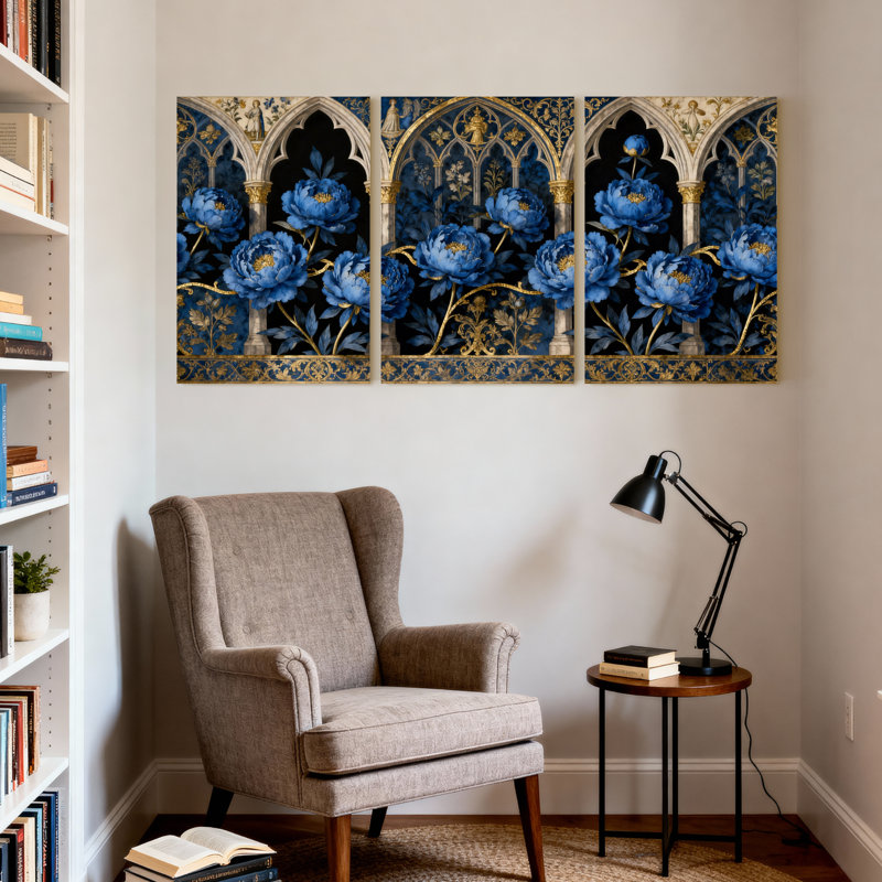 Plantes et fleurs fleurs bleues arche gothique or ensemble de 3 impressions sur toile, H 30 po x l 20 po