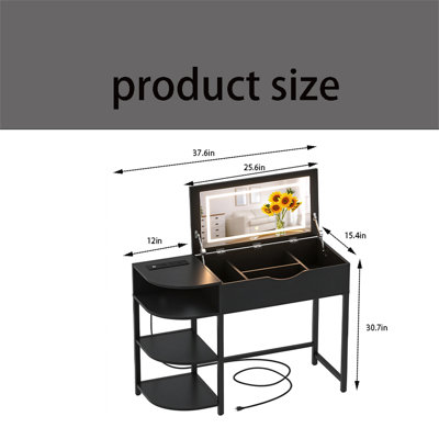 Dressing table ,Vanity Desk with Flip-Top Mirror and Lights – 2-in-1 Makeup Vanity & Writing Desk with Drawer, 4-Tier Storage Shelves, and Built-in Charging Station