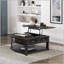 Table basse de salon en bois durable avec plateau relevable, tiroir de rangement et tablettes ouvertes au fini gris anthracite