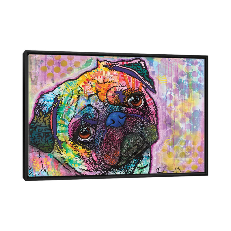 Pug Love - impression sur toile tendue, H 18 po x l 26 po x P 1,5 po, Toile avec cadre flottant noir