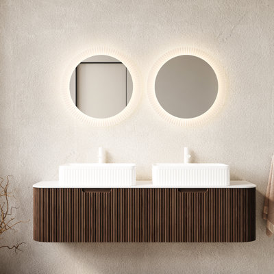 Meuble-lavabo 60 po avec 2 tiroirs, lavabos en céramique blanche, noyer foncé, sans robinet, pré-assemblé, comptoir, finition rayée 3D, grand espace de rangement rectangulaire, noyer, rangement, système de fermeture en douceur