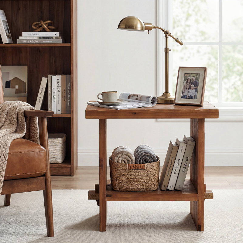 23.62" Solid Wood End Table, Farmhouse Small Bedside Table With Storage For Living Room, 1, Brown