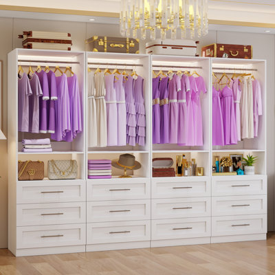 8FT - 21FT Modular Walk-in Closet Organizer System (4-Piece Set), Custom Closet Kit with 12 Drawers & 8 Expandable Clothing Rods