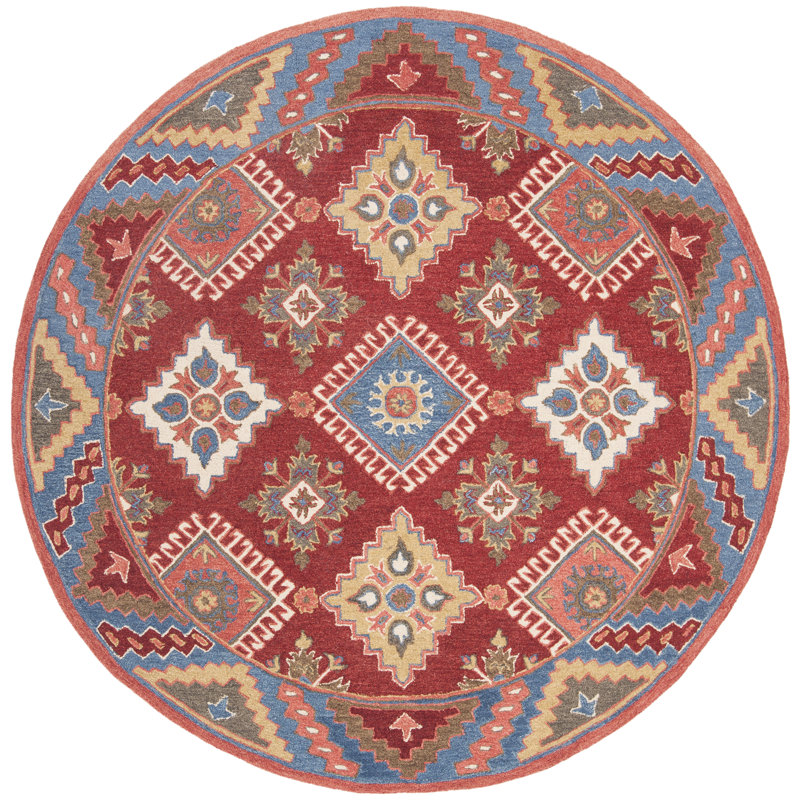 Tapis bleu / rouge en laine et coton touffeté à la main Vahakn, Rond 3 pi