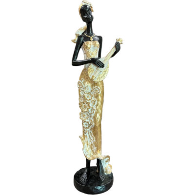African 5-String Harp Sculpture - Handmade Resin Musician Statue With Gold Accents, Tribal Home Decor For Music Lovers
