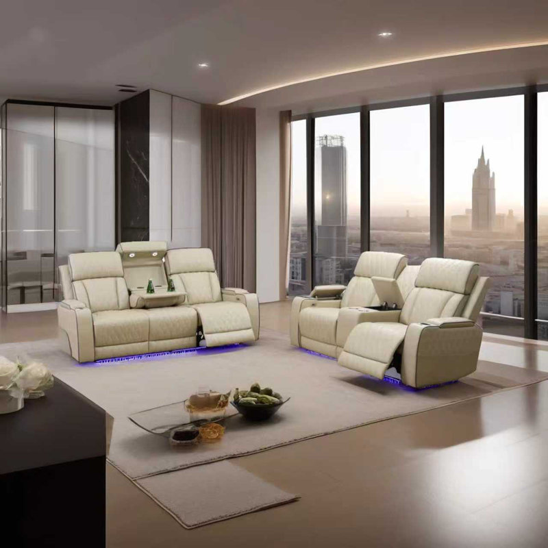 Alabaster Leather Living Room Recliner Sofa & Loveseat set,with wireless charging station