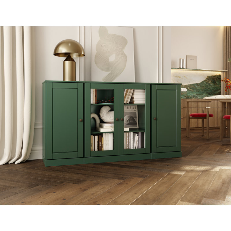 Buffet 100% bois massif 65 po avec portes en verre transparent et tablettes réglables, Vert