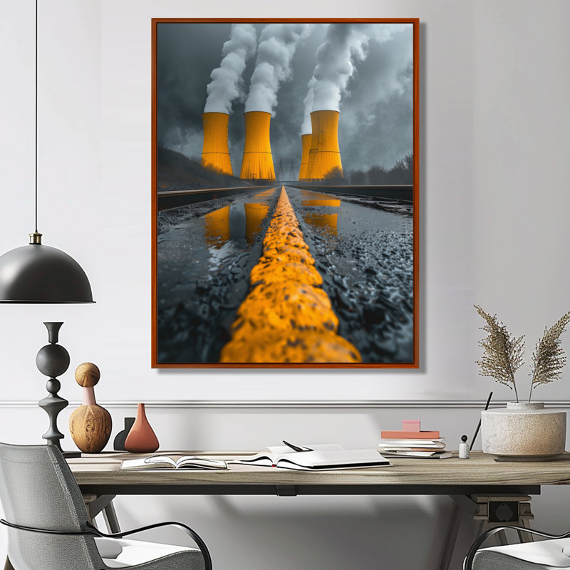 Jaune Eclipse électrique jaune I Power Plant - Power Plants Wall Art Living Room, Cadre flottant brun, H 16 po x l 32 po