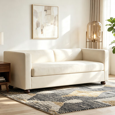 Canapé moderne 3 places de 196 cm (77,2 pouces) en chenille, avec accoudoirs carrés, dossier beige et pieds en bois d'hévéa marron. Coussin unique. Parfait pour un coin détente dans un salon ou un appartement. Couleur : beige.
