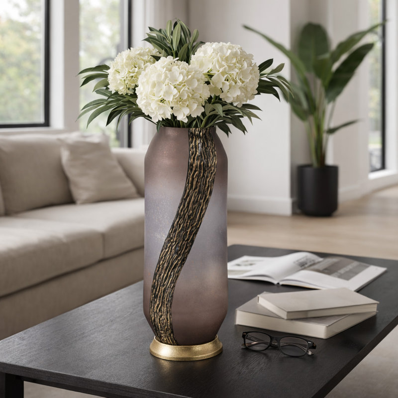 Textured Cylindrical Glass Flower Vase with Base for Home Decor - Decorative Tall Table Vase for Living Room Display - Pink & Gold