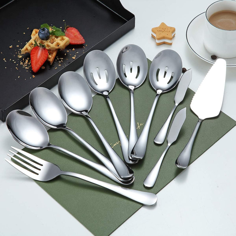 Ensemble d'ustensiles de service en acier inoxydable 10 pièces - Comprend 3 cuillères de service, 3 cuillères à fentes, 1 fourchette de service, 2 couteaux à beurre et 1 moule à gâteau - poli miroir, va au lave-vaisselle pour les fêtes et les év?