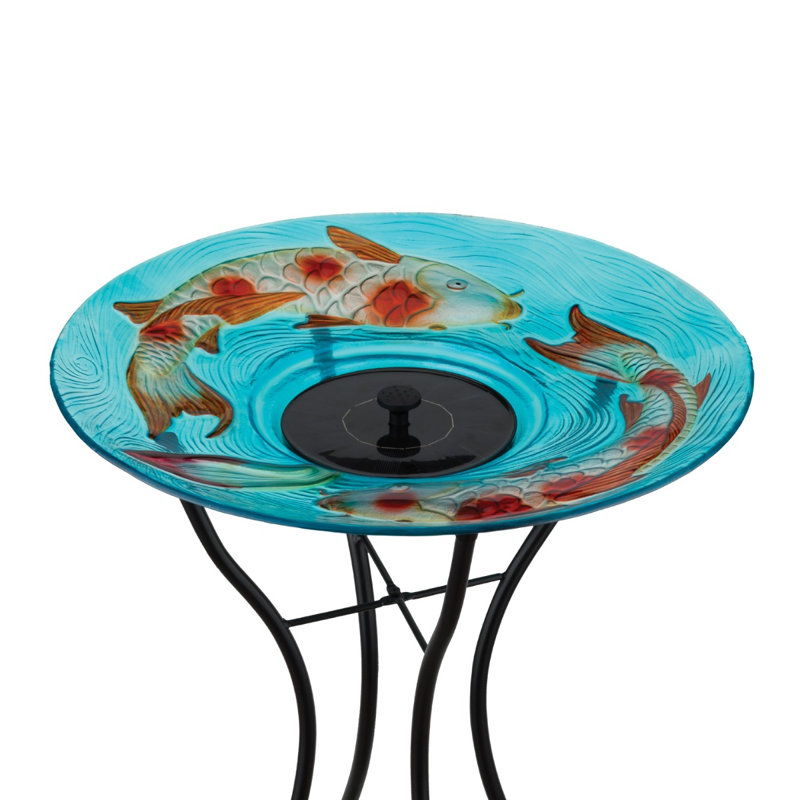 Fontaine de bain à oiseaux 23 "en verre à énergie solaire avec bol à motifs et support en métal, Carpe koï