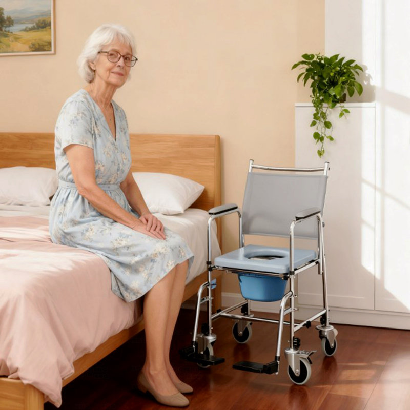 Fauteuil roulant de chevet avec siège rembourré, chaise de douche à roulettes, dossier