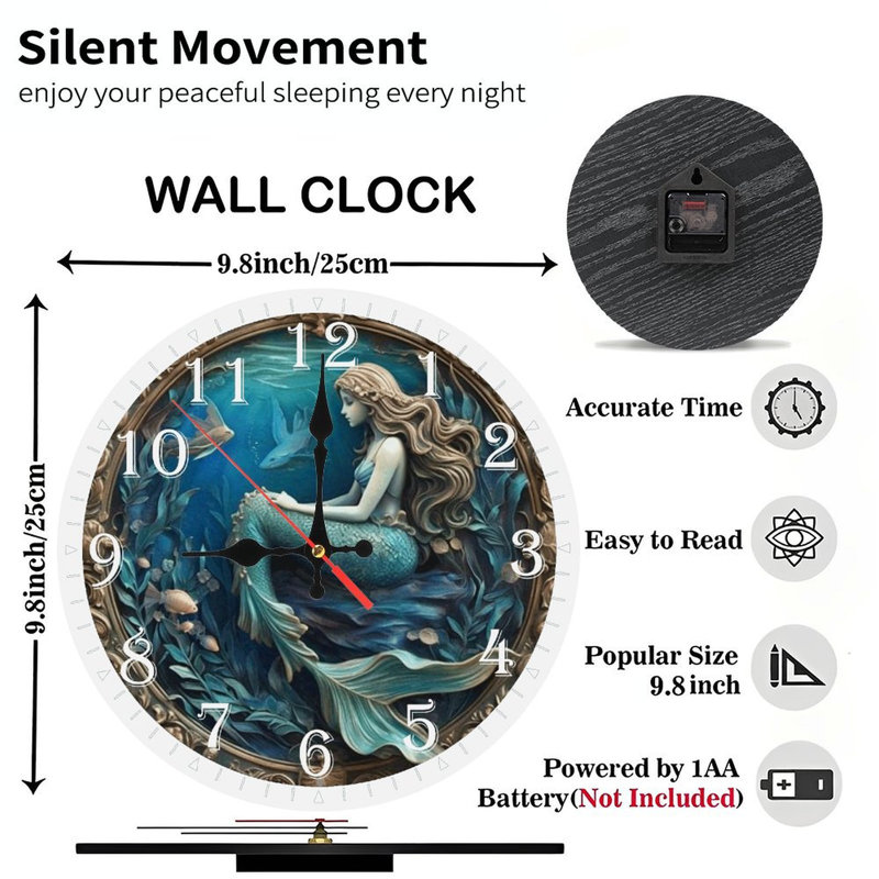 Horloge murale en bois 10 po, mouvement silencieux, à piles (piles AA non incluses), décor artistique, parfait pour les décorations
