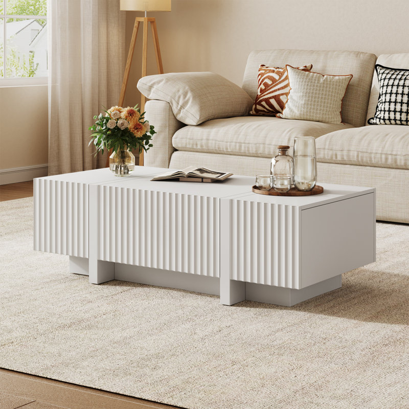 50.8" Modern Fluted Coffee Table with Storage, 4-Door Rectangle Coffee Table with Large Tabletop, White, White