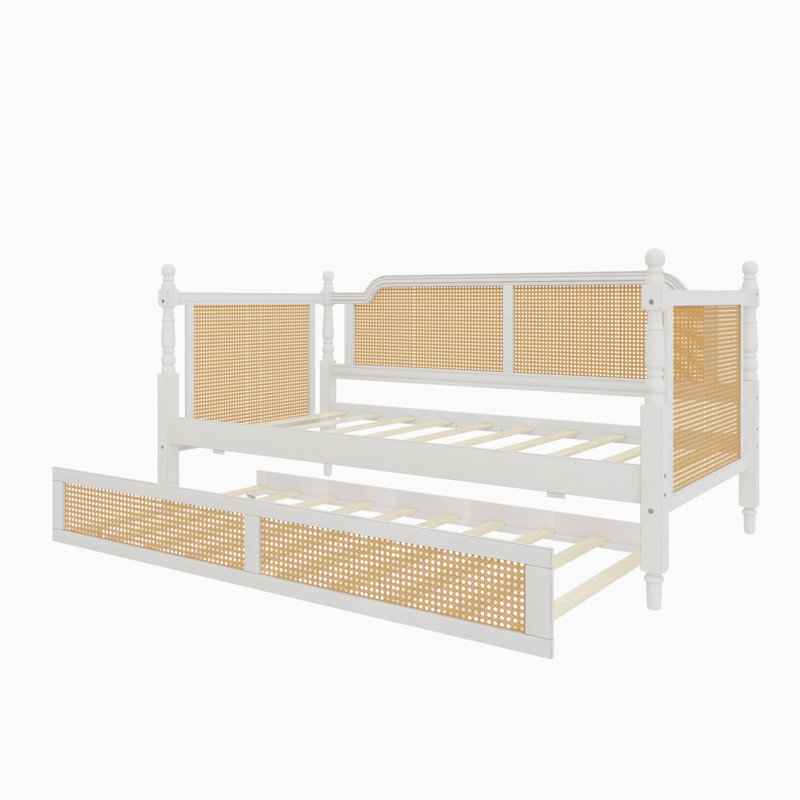 Lit de jour simple en rotin avec lit gigogne simple, aucun sommier requis, blanc antique