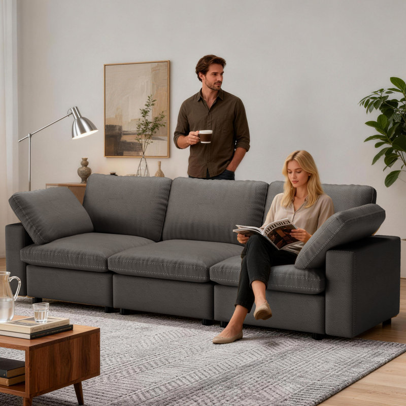 100" PU Sectional Couch ,Modern Modular Sofa With Deep Seat,Couches For Living Room Bedroom, Gray Faux Leather