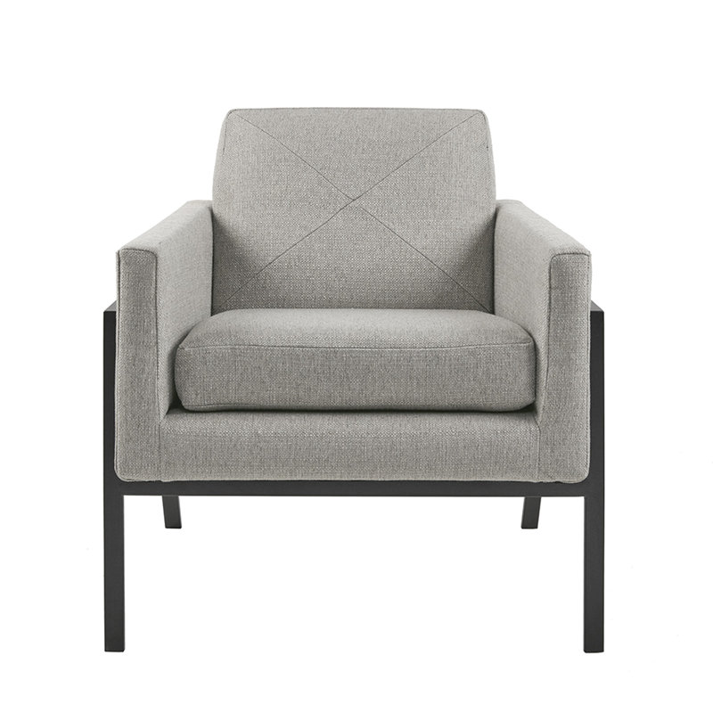 Fauteuil d'appoint gris, structure en bois massif et métal lié, coussin de siège amovible, mousse haute pour une assise et une détente de première classe, siège carré, assemblage facile de couleur grise, avec pieds, support, simple
