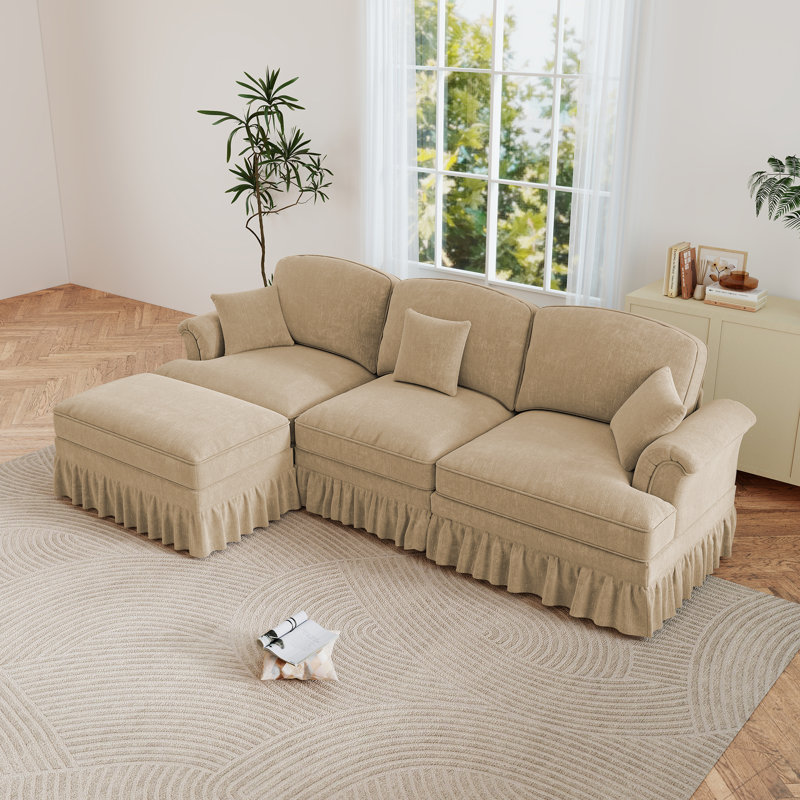 Canapé modulaire rembourré en L 4 pièces avec repose-pieds, siège à nuage profond avec jupe à plis à volants amovibles 4 pièces