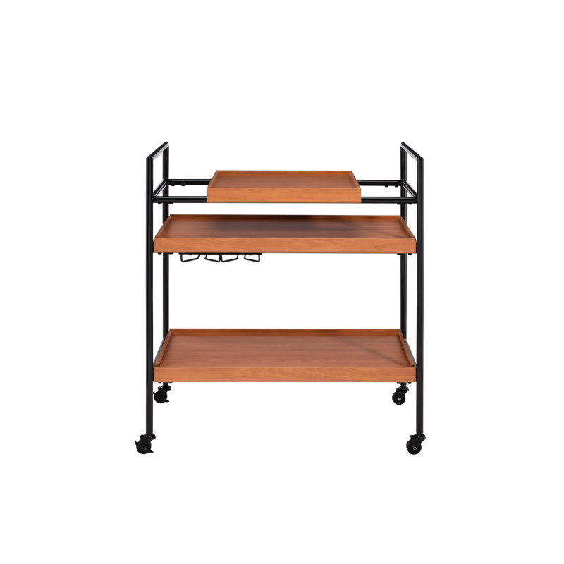 Chariot de service avec finition en chêne miel et accents noirs, éléments en bois réglables, 3 compartiments ouverts pour le rangement, 4 mobilité, structure en métal, salle à manger