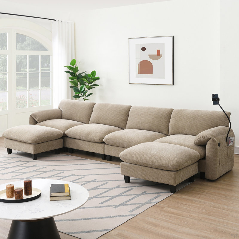Canapé modulaire de 140 po en forme de U avec coussin de siège extra large de 31,5 po, chargeur USB et de type C, support pour téléphone et 2 poches de rangement latérales, repose-pieds à mouvement libre, chenille rayée