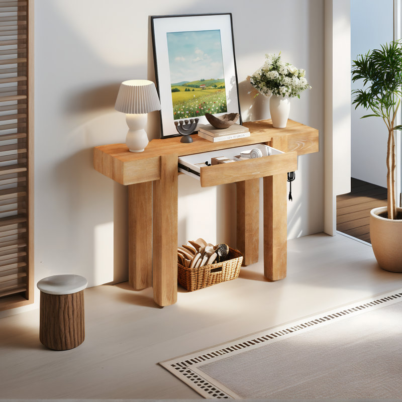 Rustic Entryway Table with Power Outlets and Concealed Storage, Natural, Natural, Natural