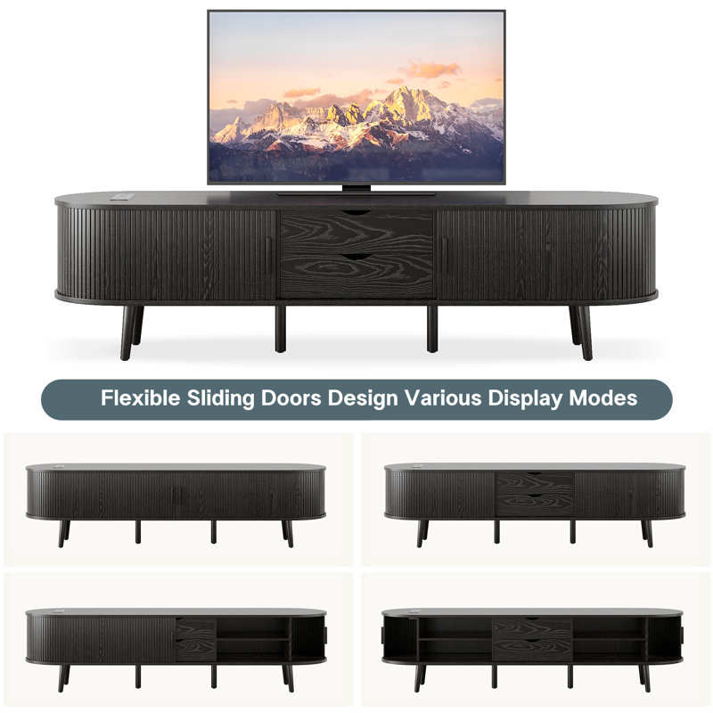 Meuble télé 69 pouces de style Mid-Century avec tiroirs et tablettes de rangement, meuble télé cannelé conçu pour les téléviseurs de 55 po à 75 po. Meuble audio-vidéo en bois pour le salon et la chambre à coucher, console média et table télé