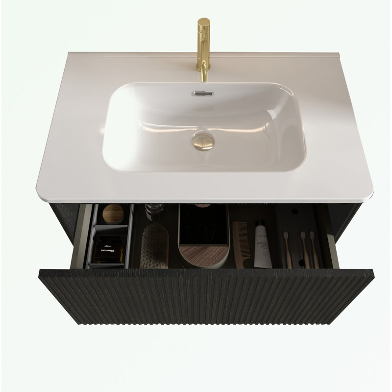 Meuble-lavabo mural avec lavabo en céramique et un tiroir, Noir