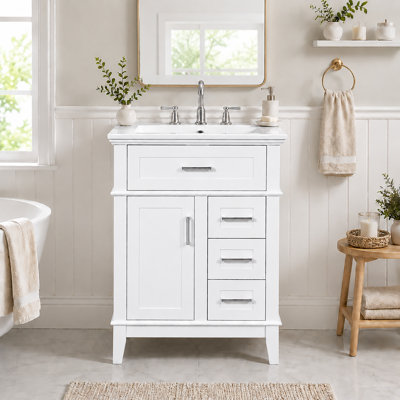 24" Bathroom Vanity with Ceramic Sink, Freestanding Storage Cabinet with Flip Drawer, 3 Drawers & Soft Close Door, Silver Handles