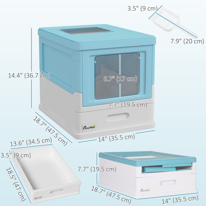 Bac à litière fermé pour chat avec pelle, plateau, entrée par le haut, pliable, bleu