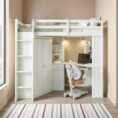 Twin Size Loft Bed With Integrated Large Wardrobe And Desk, All-In-One Space-Saving High Bed With Pull-Out Keyboard Tray, Charging Station And Dual Metal Spotlights
