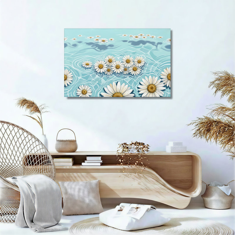 Art mural sur toile "White Daisies" flottant sur l'eau bleue ondulée, H 16 po x l 24 po