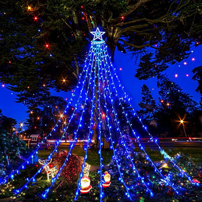 Christmas Lights Outdoor, 12.6FT 350 LED Blue Waterfall Lights Christmas Decorations, 8 Modes Christmas Lights For Tree, Outside Christmas Decorations For Yard Garden Patio Wall Porch